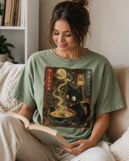Moonlight Ramen Cat Shirt, Black Cat Noodles Tee, Japanese Food Shirt, Anime Cat Gift, Comfort Colors T-Shirt