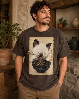 Cute Noodle Cat Shirt, White Cat Soba Tee, Japanese Food Shirt, Cat Lover Gift, Anime Cat Comfort Colors T-Shirt