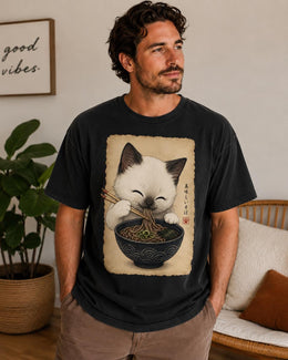 Cute Noodle Cat Shirt, White Cat Soba Tee, Japanese Food Shirt, Cat Lover Gift, Anime Cat Comfort Colors T-Shirt