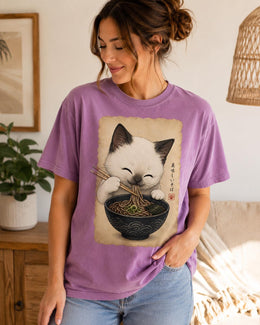 Cute Noodle Cat Shirt, White Cat Soba Tee, Japanese Food Shirt, Cat Lover Gift, Anime Cat Comfort Colors T-Shirt
