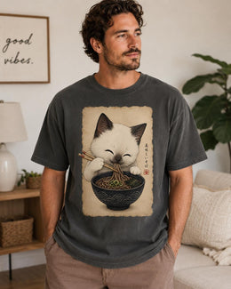 Cute Noodle Cat Shirt, White Cat Soba Tee, Japanese Food Shirt, Cat Lover Gift, Anime Cat Comfort Colors T-Shirt