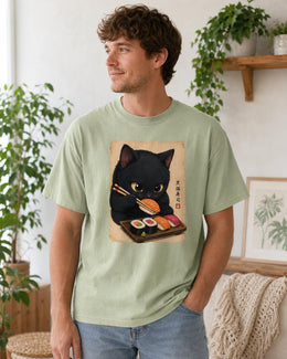 Sushi Cat Shirt, Black Cat Sushi Tee, Japanese Food Shirt, Cat Lover Gift, Anime Cat Comfort Colors T-Shirt