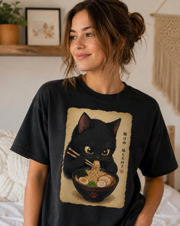 Ramen Cat Shirt, Black Cat Noodles Tee, Japanese Food Shirt, Cat Lover Gift, Anime Cat Comfort Colors T-Shirt