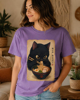 Ramen Cat Shirt, Black Cat Noodles Tee, Japanese Food Shirt, Cat Lover Gift, Anime Cat Comfort Colors T-Shirt