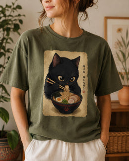 Ramen Cat Shirt, Black Cat Noodles Tee, Japanese Food Shirt, Cat Lover Gift, Anime Cat Comfort Colors T-Shirt