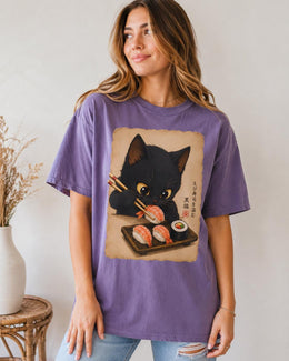 Black Cat Sushi Shirt, Shrimp Sushi Cat Tee, Japanese Food Shirt, Cat Lover Gift, Anime Cat Comfort Colors T-Shirt