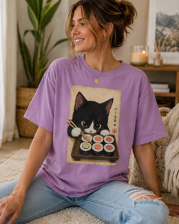 Cute Sushi Cat Shirt, Tuxedo Cat Sushi Tee, Japanese Food Shirt, Cat Lover Gift, Anime Cat Comfort Colors T-Shirt