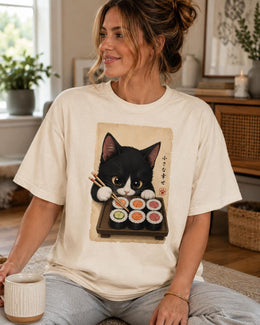 Cute Sushi Cat Shirt, Tuxedo Cat Sushi Tee, Japanese Food Shirt, Cat Lover Gift, Anime Cat Comfort Colors T-Shirt