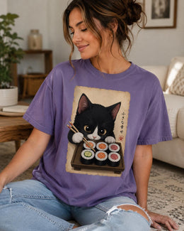 Cute Sushi Cat Shirt, Tuxedo Cat Sushi Tee, Japanese Food Shirt, Cat Lover Gift, Anime Cat Comfort Colors T-Shirt