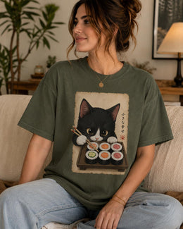 Cute Sushi Cat Shirt, Tuxedo Cat Sushi Tee, Japanese Food Shirt, Cat Lover Gift, Anime Cat Comfort Colors T-Shirt