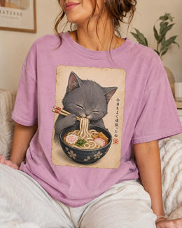 Gray Cat Ramen Shirt, Cute Cat Noodles Tee, Japanese Food Shirt, Cat Lover Gift, Anime Cat Comfort Colors T-Shirt