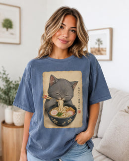 Gray Cat Ramen Shirt, Cute Cat Noodles Tee, Japanese Food Shirt, Cat Lover Gift, Anime Cat Comfort Colors T-Shirt
