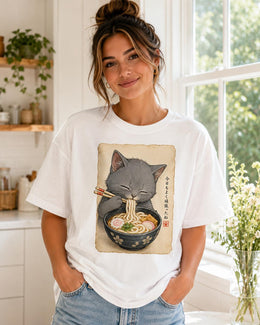 Gray Cat Ramen Shirt, Cute Cat Noodles Tee, Japanese Food Shirt, Cat Lover Gift, Anime Cat Comfort Colors T-Shirt