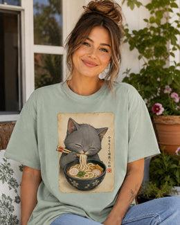 Gray Cat Ramen Shirt, Cute Cat Noodles Tee, Japanese Food Shirt, Cat Lover Gift, Anime Cat Comfort Colors T-Shirt