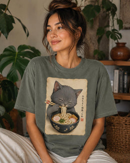 Gray Cat Ramen Shirt, Cute Cat Noodles Tee, Japanese Food Shirt, Cat Lover Gift, Anime Cat Comfort Colors T-Shirt