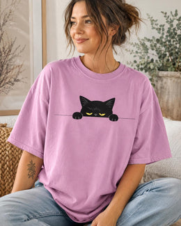 Sleepy Black Cat Shirt, Peeking Cat Tee, Funny Cat Lover Gift, Cute Minimal Comfort Colors T-Shirt