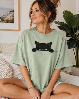Sleepy Black Cat Shirt, Peeking Cat Tee, Funny Cat Lover Gift, Cute Minimal Comfort Colors T-Shirt