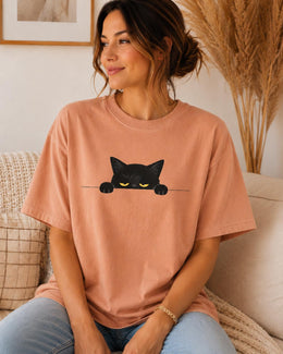 Sleepy Black Cat Shirt, Peeking Cat Tee, Funny Cat Lover Gift, Cute Minimal Comfort Colors T-Shirt