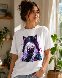Cyber Cat Girl Shirt, Anime Gamer Girl Tee, Neon Cyberpunk Comfort Colors T-Shirt, Kawaii Techwear Gift
