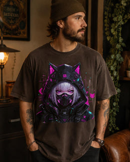 Cyber Cat Girl Shirt, Neon Anime Girl Tee, Cyberpunk Gamer Comfort Colors T-Shirt, Kawaii Techwear Gift