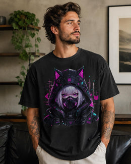 Cyber Cat Girl Shirt, Neon Anime Girl Tee, Cyberpunk Gamer Comfort Colors T-Shirt, Kawaii Techwear Gift