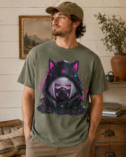 Cyber Cat Girl Shirt, Neon Anime Girl Tee, Cyberpunk Gamer Comfort Colors T-Shirt, Kawaii Techwear Gift