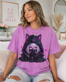Cyber Cat Girl Shirt, Neon Anime Girl Tee, Cyberpunk Gamer Comfort Colors T-Shirt, Kawaii Techwear Gift