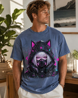 Cyber Cat Girl Shirt, Neon Anime Girl Tee, Cyberpunk Gamer Comfort Colors T-Shirt, Kawaii Techwear Gift