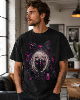 Cyber Cat Girl Shirt, Neon Anime Girl Tee, Cyberpunk Gamer Comfort Colors T-Shirt, Kawaii Techwear Gift