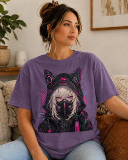 Cyber Cat Girl Shirt, Neon Anime Girl Tee, Cyberpunk Gamer Comfort Colors T-Shirt, Kawaii Techwear Gift
