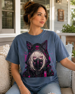Cyber Cat Girl Shirt, Neon Anime Girl Tee, Cyberpunk Gamer Comfort Colors T-Shirt, Kawaii Techwear Gift