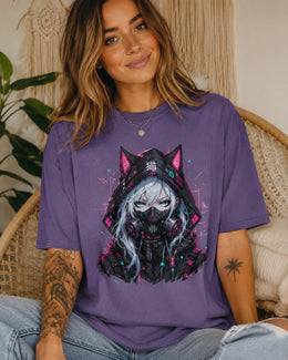 Cyber Cat Girl Shirt, Neon Anime Gamer Tee, Cyberpunk Techwear Comfort Colors T-Shirt, Kawaii Cat Girl Gift