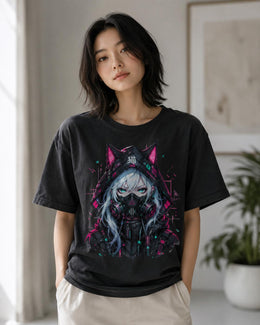 Cyber Cat Girl Shirt, Neon Anime Gamer Tee, Cyberpunk Techwear Comfort Colors T-Shirt, Kawaii Cat Girl Gift