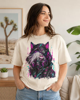 Cyber Cat Girl Shirt, Neon Anime Gamer Tee, Cyberpunk Techwear Comfort Colors T-Shirt, Kawaii Cat Girl Gift