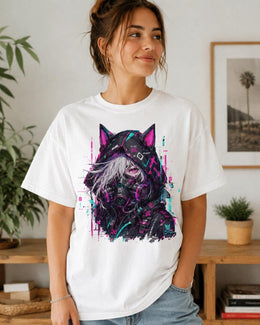 Cyber Cat Girl Shirt, Neon Anime Gamer Tee, Cyberpunk Techwear Comfort Colors T-Shirt, Kawaii Cat Girl Gift