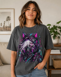 Cyber Cat Girl Shirt, Neon Anime Gamer Tee, Cyberpunk Techwear Comfort Colors T-Shirt, Kawaii Cat Girl Gift