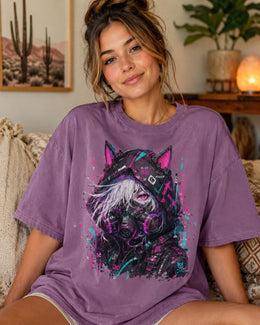Cyber Cat Girl Shirt, Neon Anime Gamer Tee, Cyberpunk Techwear Comfort Colors T-Shirt, Kawaii Cat Girl Gift