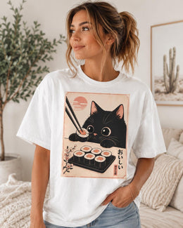 Black Cat Sushi Shirt, Cute Sushi Cat Tee, Japanese Food Shirt, Cat Lover Gift, Kawaii Comfort Colors T-Shirt