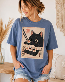 Black Cat Sushi Shirt, Cute Sushi Cat Tee, Japanese Food Shirt, Cat Lover Gift, Kawaii Comfort Colors T-Shirt