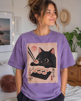 Black Cat Sushi Shirt, Cute Sushi Cat Tee, Japanese Food Shirt, Cat Lover Gift, Kawaii Comfort Colors T-Shirt