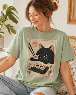 Black Cat Sushi Shirt, Cute Sushi Cat Tee, Japanese Food Shirt, Cat Lover Gift, Kawaii Comfort Colors T-Shirt