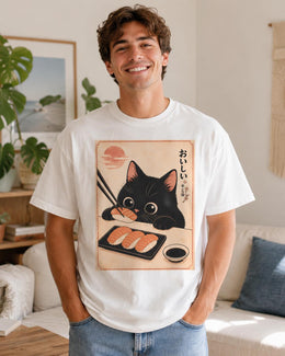 Black Cat Sushi Shirt, Cute Salmon Sushi Cat Tee, Japanese Food Shirt, Cat Lover Gift, Kawaii Comfort Colors Tee
