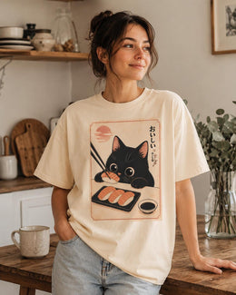 Black Cat Sushi Shirt, Cute Salmon Sushi Cat Tee, Japanese Food Shirt, Cat Lover Gift, Kawaii Comfort Colors Tee