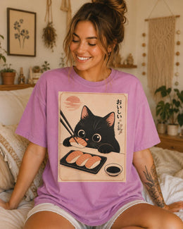 Black Cat Sushi Shirt, Cute Salmon Sushi Cat Tee, Japanese Food Shirt, Cat Lover Gift, Kawaii Comfort Colors Tee