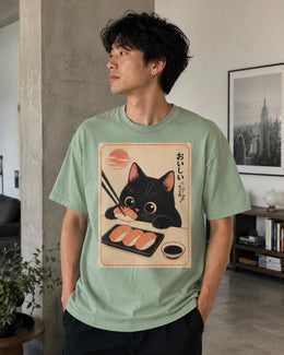 Black Cat Sushi Shirt, Cute Salmon Sushi Cat Tee, Japanese Food Shirt, Cat Lover Gift, Kawaii Comfort Colors Tee