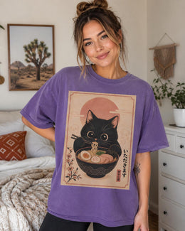 Black Cat Ramen Shirt, Cute Noodle Cat Tee, Japanese Food Shirt, Cat Lover Gift, Kawaii Comfort Colors T-Shirt