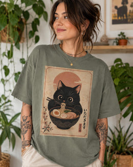 Black Cat Ramen Shirt, Cute Noodle Cat Tee, Japanese Food Shirt, Cat Lover Gift, Kawaii Comfort Colors T-Shirt