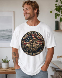 Stars Stripes Saddles Shirt, USA 250 Years Tee, Patriotic Western Horse Comfort Colors T-Shirt, 1776 Gift