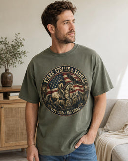 Stars Stripes Saddles Shirt, USA 250 Years Tee, Patriotic Western Horse Comfort Colors T-Shirt, 1776 Gift