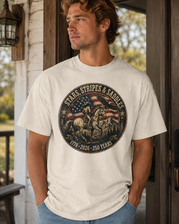 Stars Stripes Saddles Shirt, USA 250 Years Tee, Patriotic Western Horse Comfort Colors T-Shirt, 1776 Gift